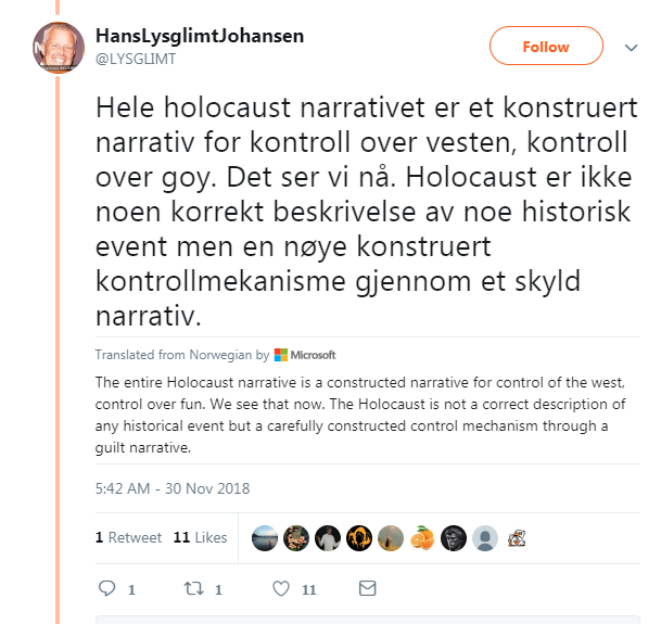 Screenshot of a Tweet by HansLysglimtJohansen (@LYSGLIMT) in Norwegian. The automatic translation reads: 'The entire Holocaust narrative is a constructed narrative for control of the west, control over fun. We see that now. The Holocause is not a correct description of any historical event but a carefully constructed control mechanism through a guilt narrative.'